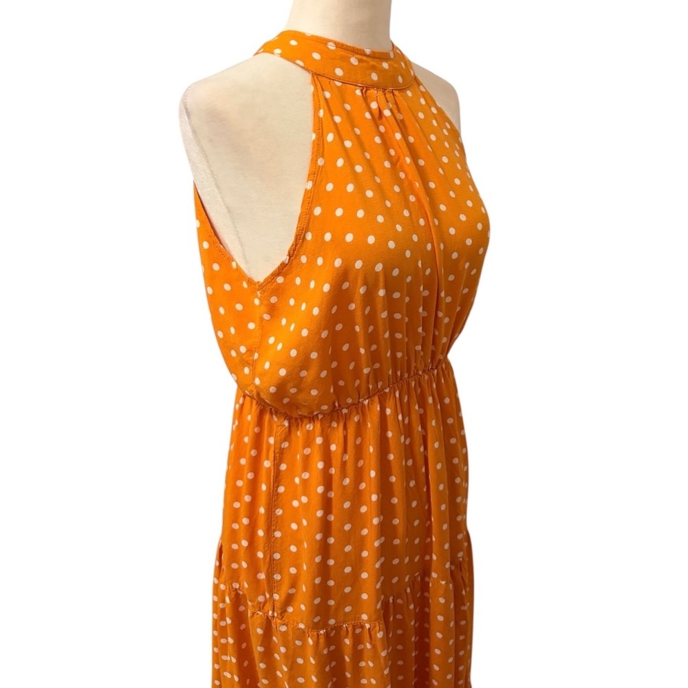 Retro Style Polka Dot Halter Tiered Maxi Dress Orange White Size Medium Summer - Picture 4 of 10